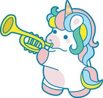 Illustration of cute unicorn activities icon. Funny rainbow unicorn daily routine stickers. Unicorn playing trumpet vector