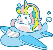 Illustration of cute unicorn activities icon. Funny rainbow unicorn daily routine stickers. Unicorn riding a plane vector