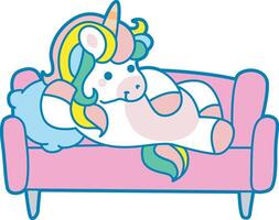 Illustration of cute unicorn activities icon. Funny rainbow unicorn daily routine stickers. Unicorn lay in the chair vector
