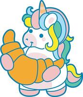 Illustration of cute unicorn activities icon. Funny rainbow unicorn daily routine stickers. Unicorn bring a bread vector