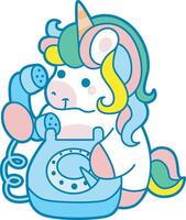 Illustration of cute unicorn activities icon. Funny rainbow unicorn daily routine stickers. Unicorn calling someone vector
