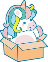 Illustration of cute unicorn activities icon. Funny rainbow unicorn daily routine stickers. Unicorn in the package vector