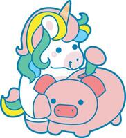 Illustration of cute unicorn activities icon. Funny rainbow unicorn daily routine stickers. Unicorn saving money in the piggy bank vector