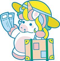 Illustration of cute unicorn activities icon. Funny rainbow unicorn daily routine stickers. Unicorn bring a plane tickets and travelling bag vector