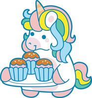 Illustration of cute unicorn activities icon. Funny rainbow unicorn daily routine stickers. Unicorn bring a three cupcakes vector