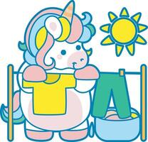 Illustration of cute unicorn activities icon. Funny rainbow unicorn daily routine stickers. Unicorn dry and clean clotes under the sun vector