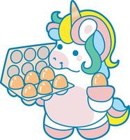 Illustration of cute unicorn activities icon. Funny rainbow unicorn daily routine stickers. Unicorn bring a lot of eggs vector