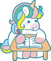Illustration of cute unicorn activities icon. Funny rainbow unicorn daily routine stickers. Unicorn do homework in the table vector