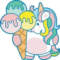 Illustration of cute unicorn activities icon. Funny rainbow unicorn daily routine stickers. Unicorn bring a three scoops of ice cream vector