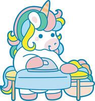 Illustration of cute unicorn activities icon. Funny rainbow unicorn daily routine stickers. Unicorn ironing a clothes vector