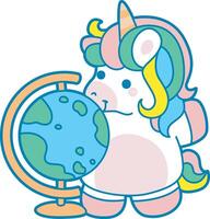 Illustration of cute unicorn activities icon. Funny rainbow unicorn daily routine stickers. Unicorn with big globe vector