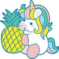 Illustration of cute unicorn activities icon. Funny rainbow unicorn daily routine stickers. Unicorn hugging a big pineapple vector