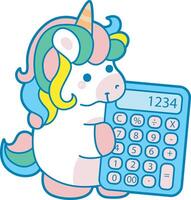 Illustration of cute unicorn activities icon. Funny rainbow unicorn daily routine stickers. Unicorn bring a calculator vector