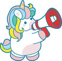 Illustration of cute unicorn activities icon. Funny rainbow unicorn daily routine stickers. Unicorn souding with loudspeaker vector