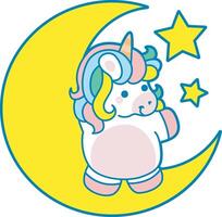 Illustration of cute unicorn activities icon. Funny rainbow unicorn daily routine stickers. Unicorn in the moon and stars vector