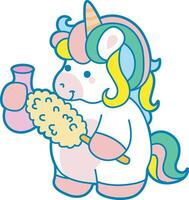 Illustration of cute unicorn activities icon. Funny rainbow unicorn daily routine stickers. Unicorn cleaning a vase with feather duster vector