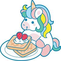 Illustration of cute unicorn activities icon. Funny rainbow unicorn daily routine stickers. Unicorn want to breakfast with bread and strawberry vector