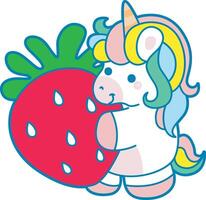 Illustration of cute unicorn activities icon. Funny rainbow unicorn daily routine stickers. Unicorn hugging a big strawberry vector