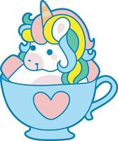 Illustration of cute unicorn activities icon. Funny rainbow unicorn daily routine stickers. Unicorn in the middle of cup vector