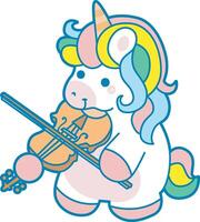 Illustration of cute unicorn activities icon. Funny rainbow unicorn daily routine stickers. Unicorn playing violin vector