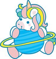Illustration of cute unicorn activities icon. Funny rainbow unicorn daily routine stickers.Unicorn hugging a saturn planet vector