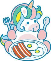 Illustration of cute unicorn activities icon. Funny rainbow unicorn daily routine stickers. Unicorn want to breakfast with bacon and eggs vector