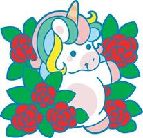 Illustration of cute unicorn activities icon. Funny rainbow unicorn daily routine stickers. Unicorn in the middle of rose vector