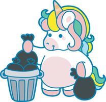 Illustration of cute unicorn activities icon. Funny rainbow unicorn daily routine stickers. Unicorn throw a garbage vector