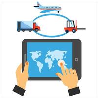 Man monitoring airplane, car, location on tabulate phone logo icon Technology Transaction Future vector