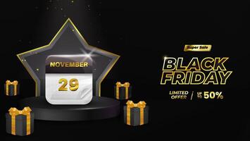 black friday background with realistic 3d gift box and show podium suitable for advertising, banner, displaying your products vector