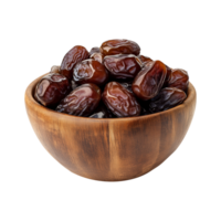 Premium Dates in Wooden Bowl Isolated on Transparent Background Great for Designing Elegant Product Banners, Rustic Covers, and Social Media Graphics png