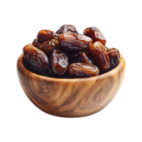 Glossy Premium Dates in Wooden Bowl Cutout, Transparent Background Ideal for Creating Stunning Product Banners, Covers, and Social Media Graphics png