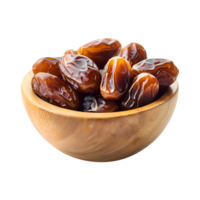 Premium Dates in Rustic Wooden Bowl Isolated on Transparent Background Ideal for Elegant Product Banners, Social Media Graphics, and Cover Art png