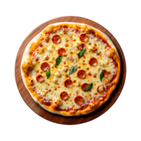 Classic Cheese Pizza on a Wooden Plate Isolated on a Transparent Background Perfect for Creating Eye-Catching Product Banners and Design Posts png