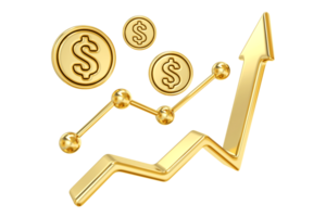 Golden Growth Trajectory, gleaming golden arrow ascends chart, symbolizing soaring profits and financial success, with dollar coins emphasizing the upward trend, 3d rendering png