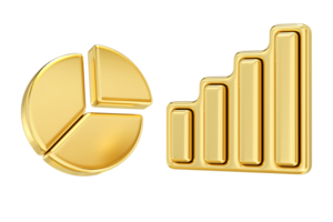 Golden pie chart and bar graph, business success growth and data analysis, ascending bar graph,3d rendering png
