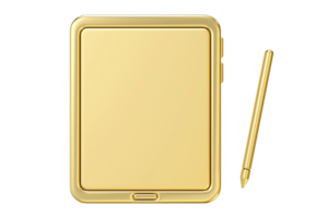 A golden tablet with a matching stylus, shown in clean 3D render. Perfect for creative tech-related themes or luxury branding, highlighting high-end, professional, and elegant digital tool png