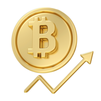 Bitcoin of ascent, A golden Bitcoin coin with a rising arrow, symbolizing the cryptocurrency growth and investment potential, 3d rendering png