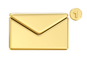 Golden Email Notification, A shiny gold envelope icon with a glowing 1 notification, symbolizing an important message. Perfect for marketing, communication, 3d rendering png