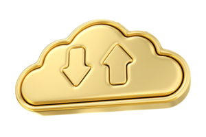 Golden Cloud Data Flow, A 3D rendering of a gleaming gold cloud with upload and download arrows, symbolizing seamless data transfer and cloud computing png