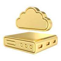 Golden cloud data server, A sleek, golden server with a matching cloud hovering above, symbolizing secure and reliable cloud computing services, 3d rendering png