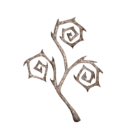 Dry black branches twisted with thorns Halloween watercolor illustration. Spiked and gnarled driftwood isolated from the background. Gothic decorations for autumn and winter design. png