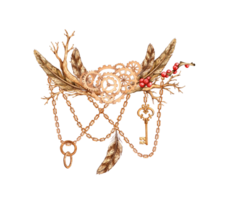 metal engrenagens com penas a partir de uma seco filial, vermelho bagas, correntes e pingentes, uma chave dentro a steampunk estilo a partir de nozes, aguarela ilustrações. mecânico lembrança dentro techno estilo. ideal para cartões, png