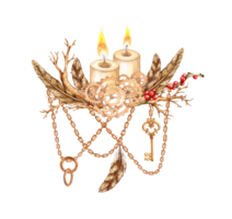 vela queimador, engrenagens com penas, seco galhos, vermelho bagas, correntes e pingentes, chave dentro steampunk estilo, aguarela ilustração. mecânico lembrança dentro techno estilo. para cartão postal Projeto png