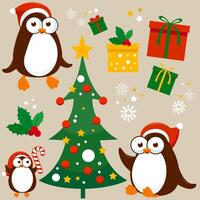 Christmas collection with penguins, Christmas tree and boxes of presents. Xmas penguins with Santa Claus hats and boxes with gifts. vector
