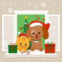 Cat and dog with Christmas hats sitting at home on a window sill in front of a Christmas tree. Xmas home pets with Santa Claus hats and boxes of Christmas presents. vector