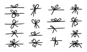 Simple bow doodle set. Bow on string set, lines and corners decoration design. Line bows on ribbon. Bowknot for package or letter, planner diary decent dividers. vector