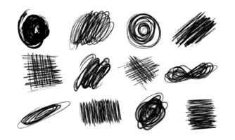 Hand drawn pencil lines and squiggles set. charcoal smears, striketrhoughs and swirls. Doodle style sketchy lines. Horizontal wavy strokes collection. Scratchy strokes with rough edges. vector