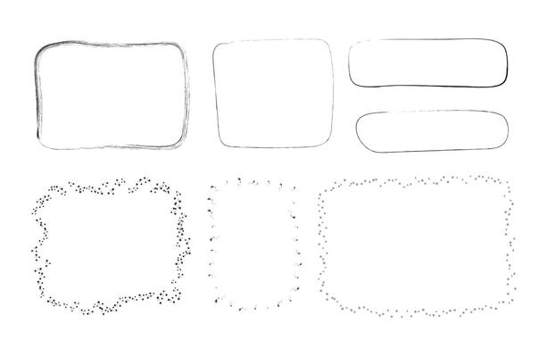 illustration with various black, hand-drawn frame brushes different shapes and dotted styles.