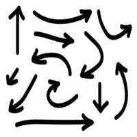 Chaotic hand drawn black arrows in various directions curving and intersecting. vector